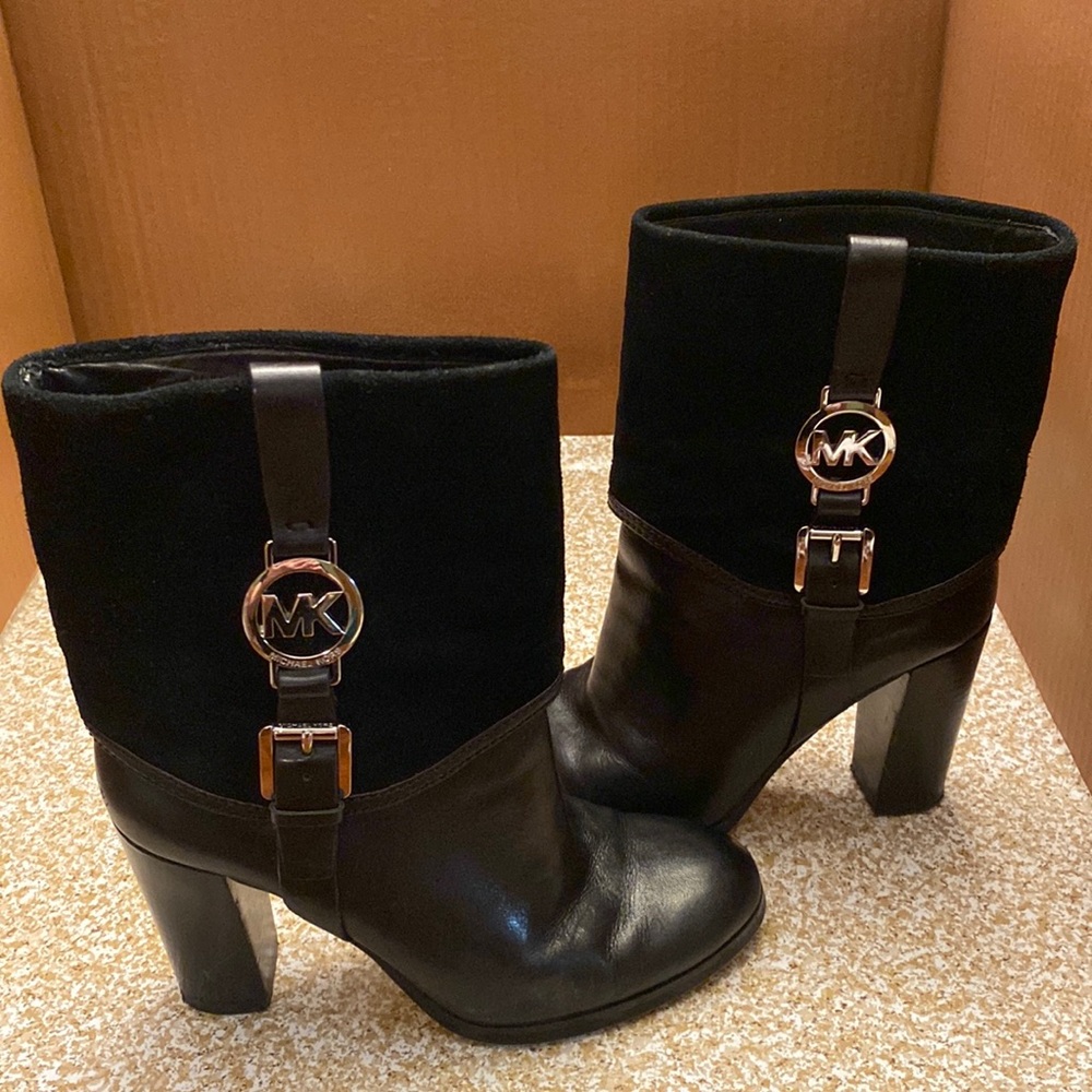 Used Michael Kors Black short boots size 6.5 leather/suede with silver buckles